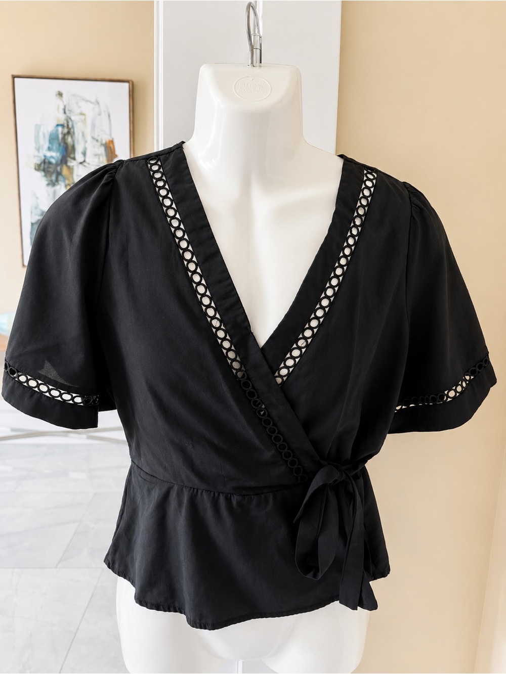 Milk & Honey Black Wrap Blouse – Size Medium – Eyelet Trim Peplum Top - Picture 2 of 5